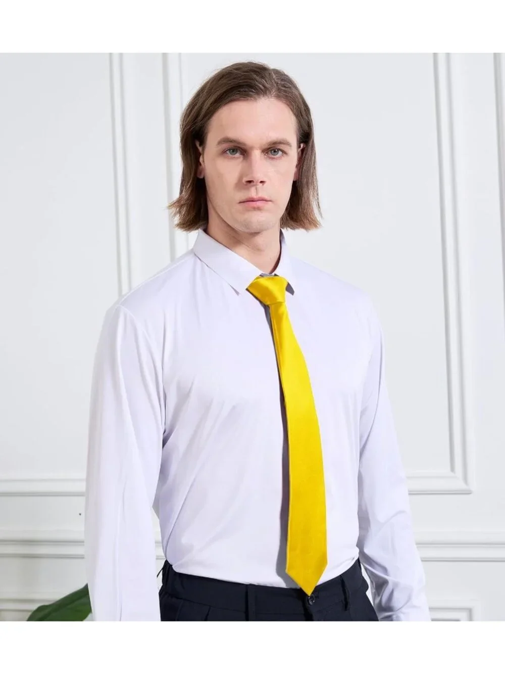 Men's Yellow Solid Microfiber Plain Formal Silk Necktie For Business Dress Tie
